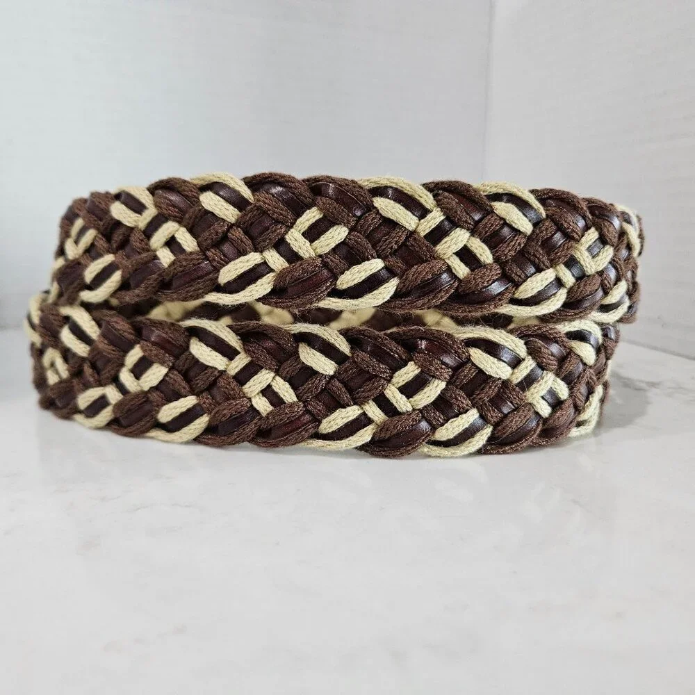 Tommy Bahama Mens Braided Canvas & Leather Belt Brown Beige Size 40 Brass Buckle
